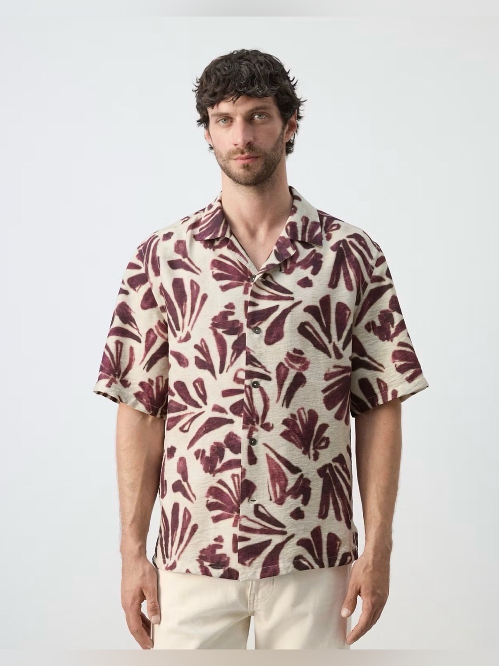 Mango Men’s PRINTED FLOWING SHIRT WITH BOWLING COLLAR XS